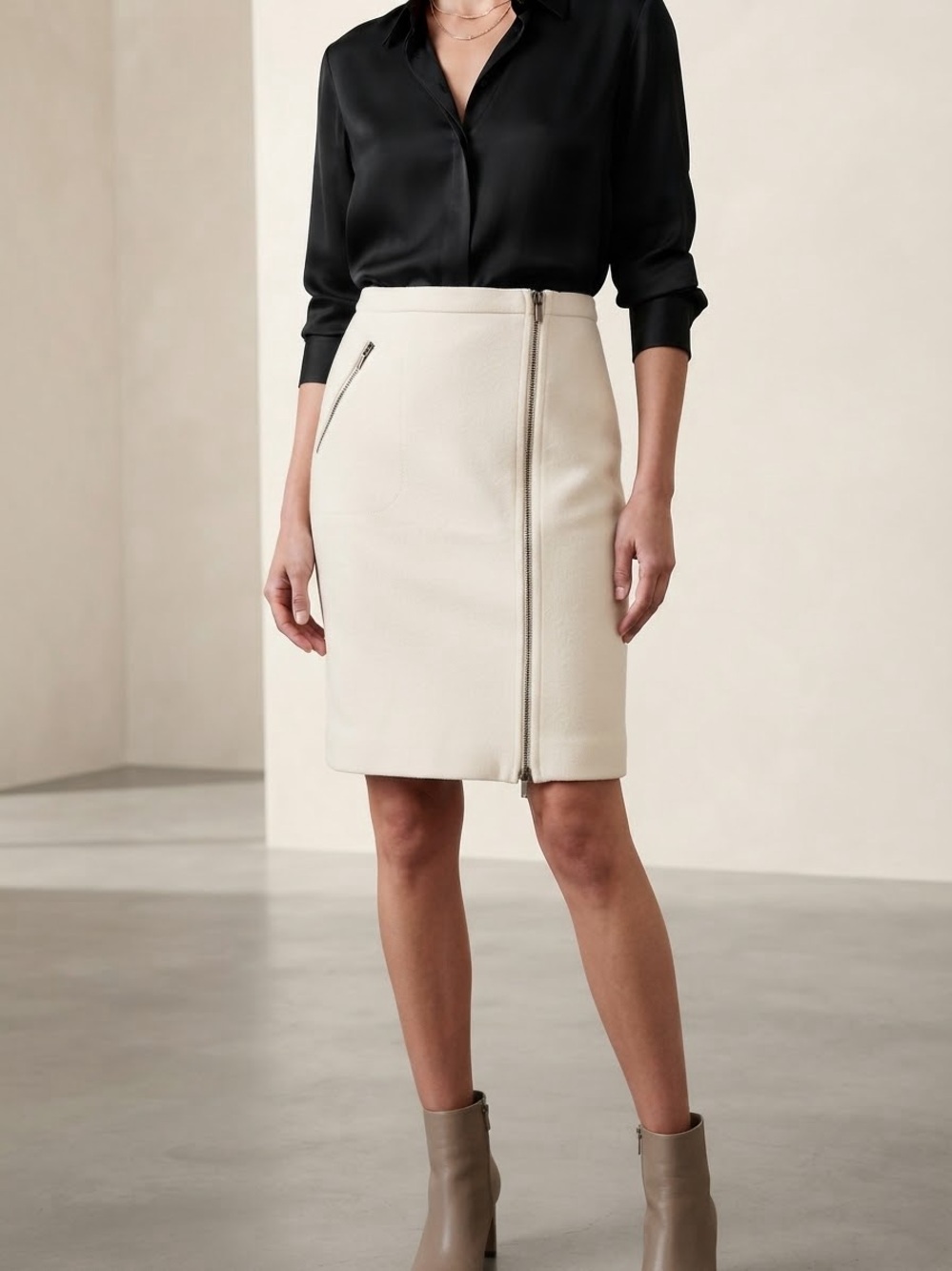J. Crew 100% Wool Ivory Pencil Skirt with Asymmetrical Exposed Zipper